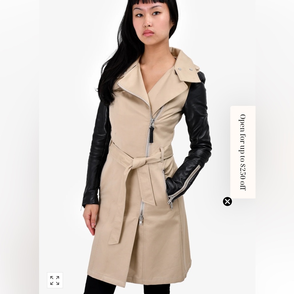 Beige Trench Coat with Black Leather Sleeves - Women's Jacket